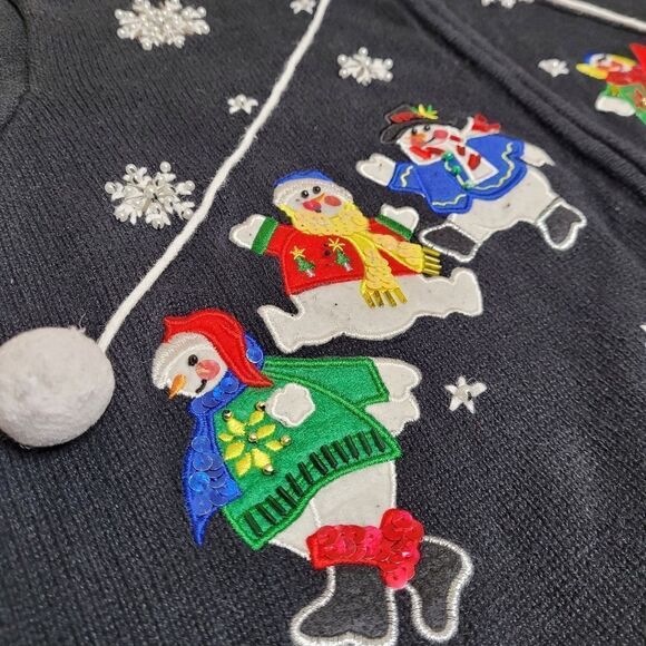 VINTAGE 90s Quaker‎ Factory snowman snowflake zip up cardigan sweater L - Picture 6 of 10